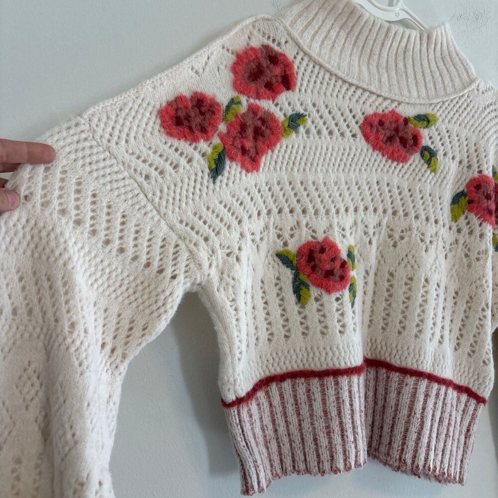 Free People SM Inge Pullover Sweater Floral Knit Crop Rib Ivory Rose Spring Fall